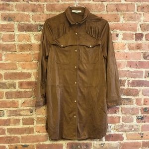 Zara Brown Faux Suede Fringe Coat Overshirt Dress